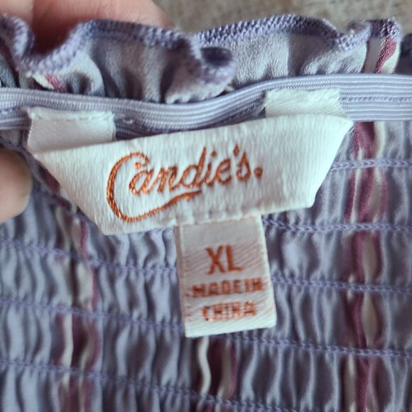 Candie's XL Purple Pop Stripe Smocked Marilyn Top Milk Maid Bell Sleeve Ruffle - Picture 6 of 12